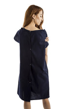 Load image into Gallery viewer, fun women&#39;s hospital gown navy with peace sign
